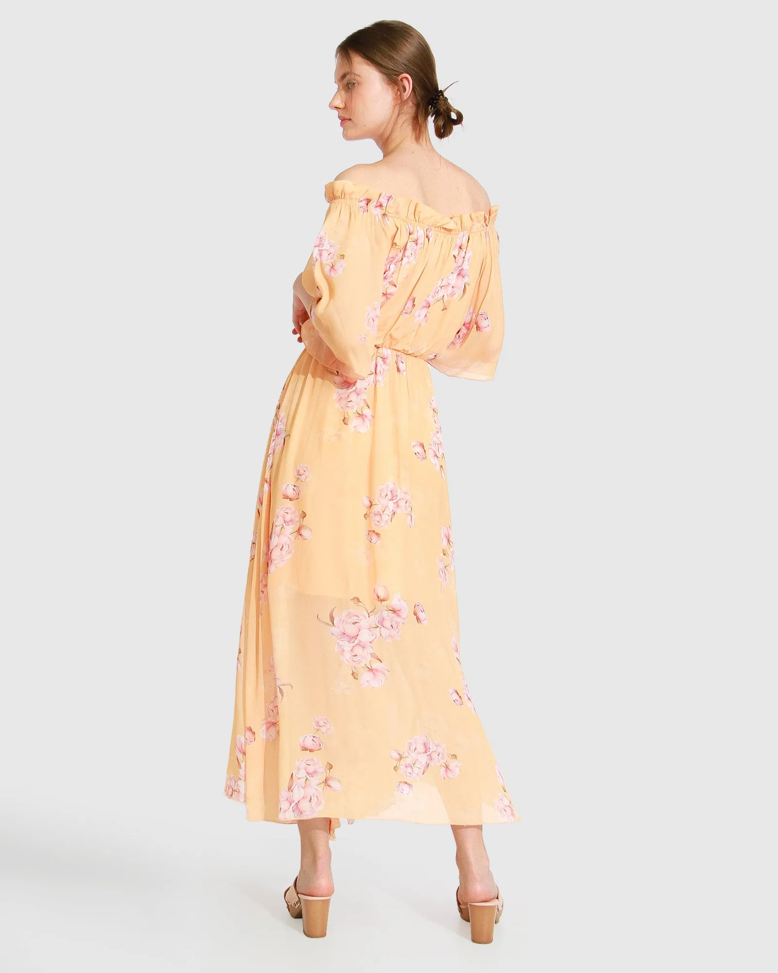 Amour Amour Ruffled Midi Dress - Peach Peonies