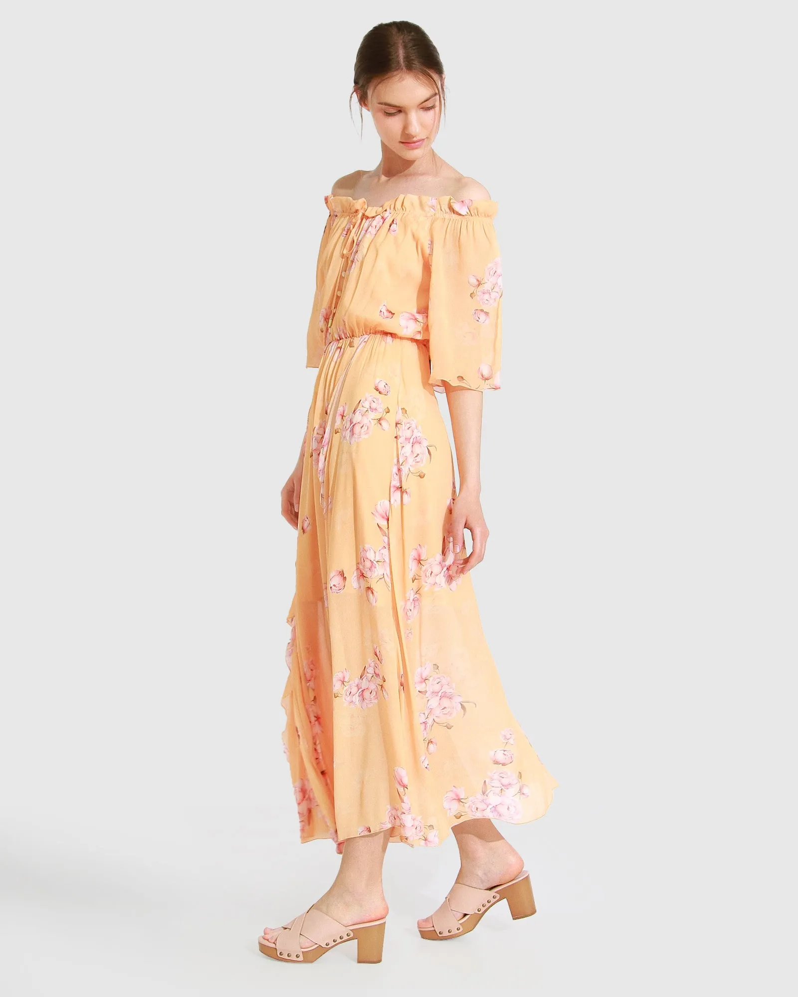 Amour Amour Ruffled Midi Dress - Peach Peonies