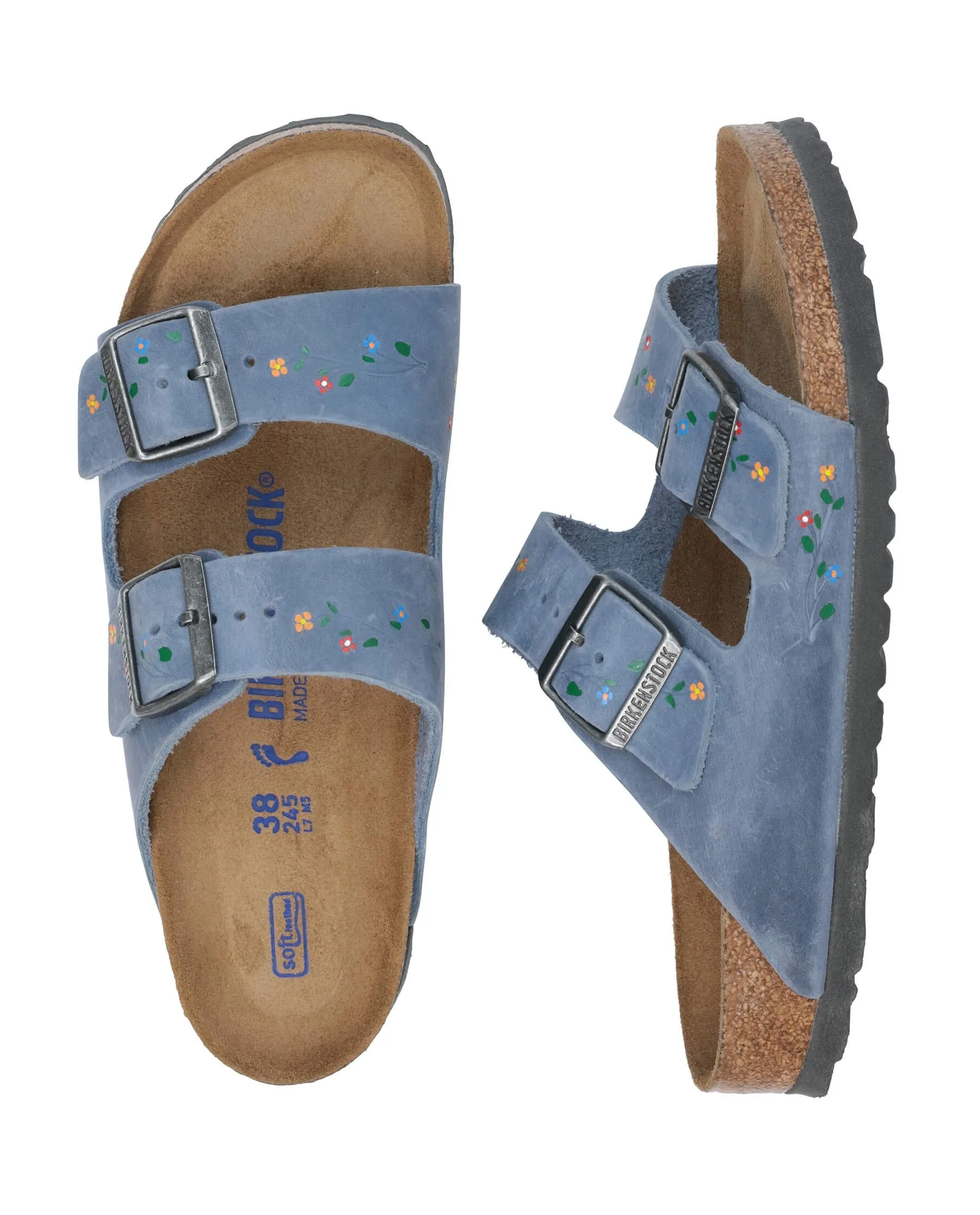 BIRKENSTOCK Arizona with Hand Painted Tooled Vine. -- Dusty Blue Oiled Leather with Multi