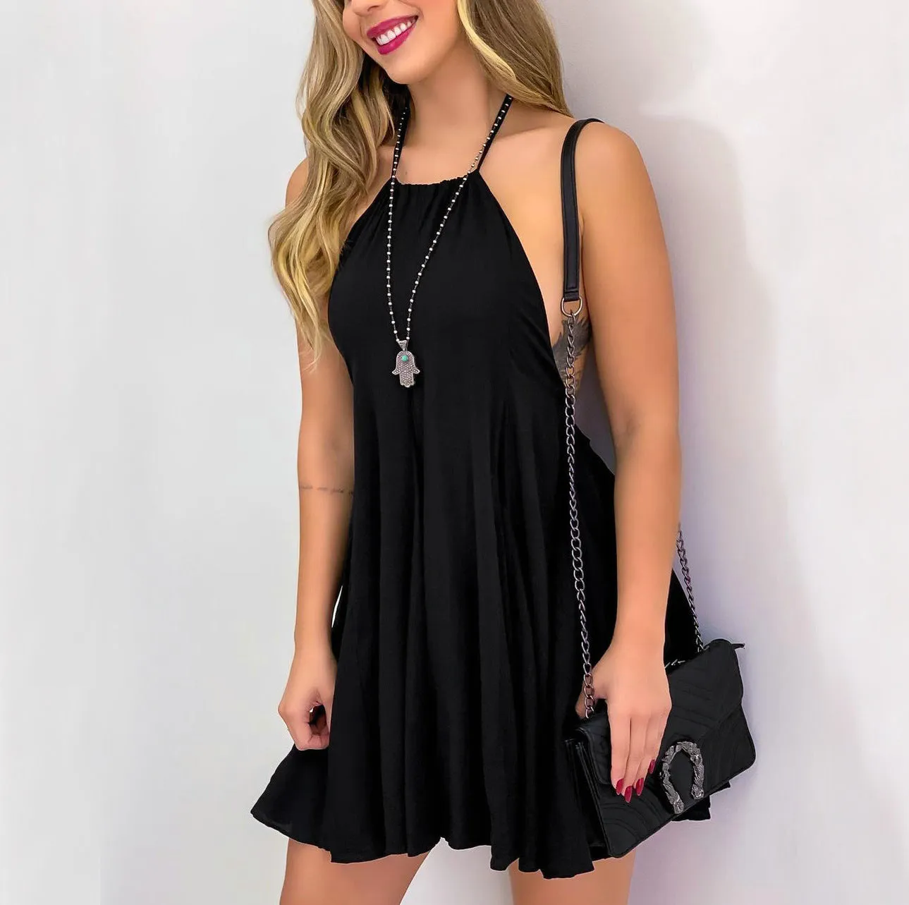 Darcy Distressed Halter Tunic- Black - Final Sale