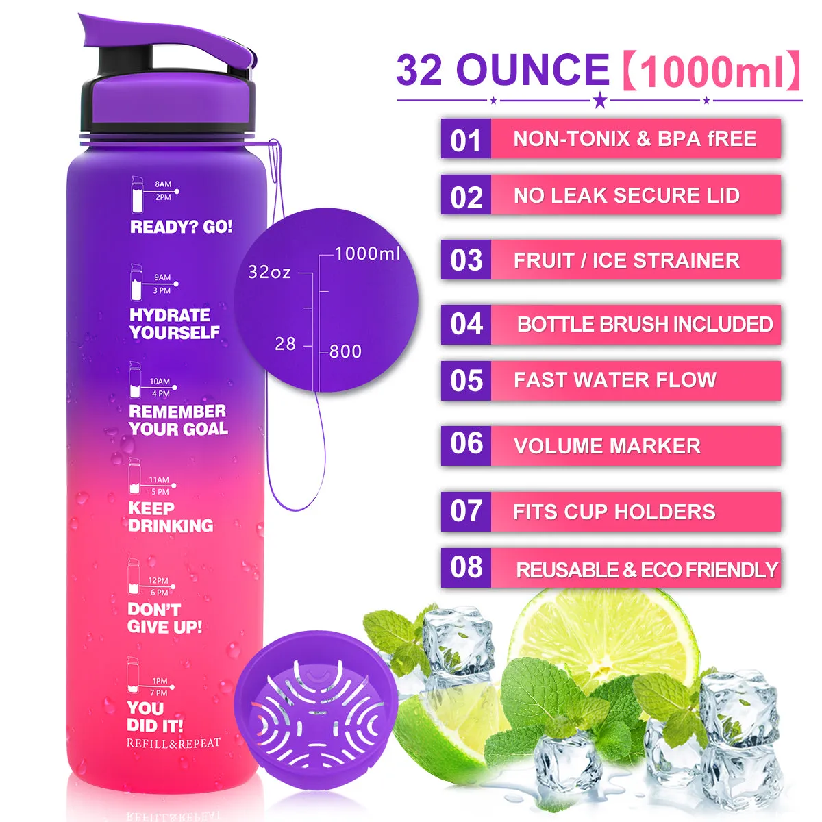 ZORRI 32 OZ Water Bottles With Time Marker & Meaurment Marked,  BPA Free Leak Proof and Lightweight Water Bottle for Gym, Fitness, Workout, Kids School, Office, Cycling, Yoga, Camping