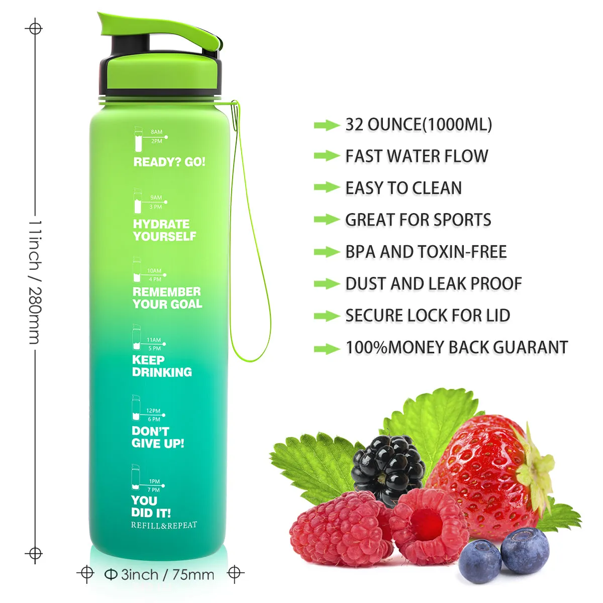 ZORRI 32 OZ Water Bottles With Time Marker & Meaurment Marked,  BPA Free Leak Proof and Lightweight Water Bottle for Gym, Fitness, Workout, Kids School, Office, Cycling, Yoga, Camping