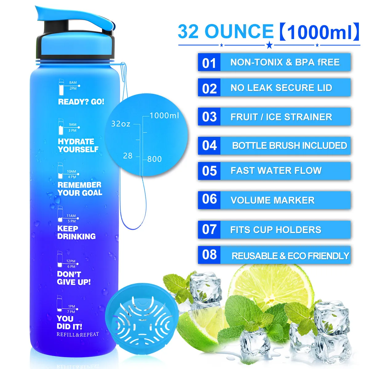 ZORRI 32 OZ Water Bottles With Time Marker & Meaurment Marked,  BPA Free Leak Proof and Lightweight Water Bottle for Gym, Fitness, Workout, Kids School, Office, Cycling, Yoga, Camping