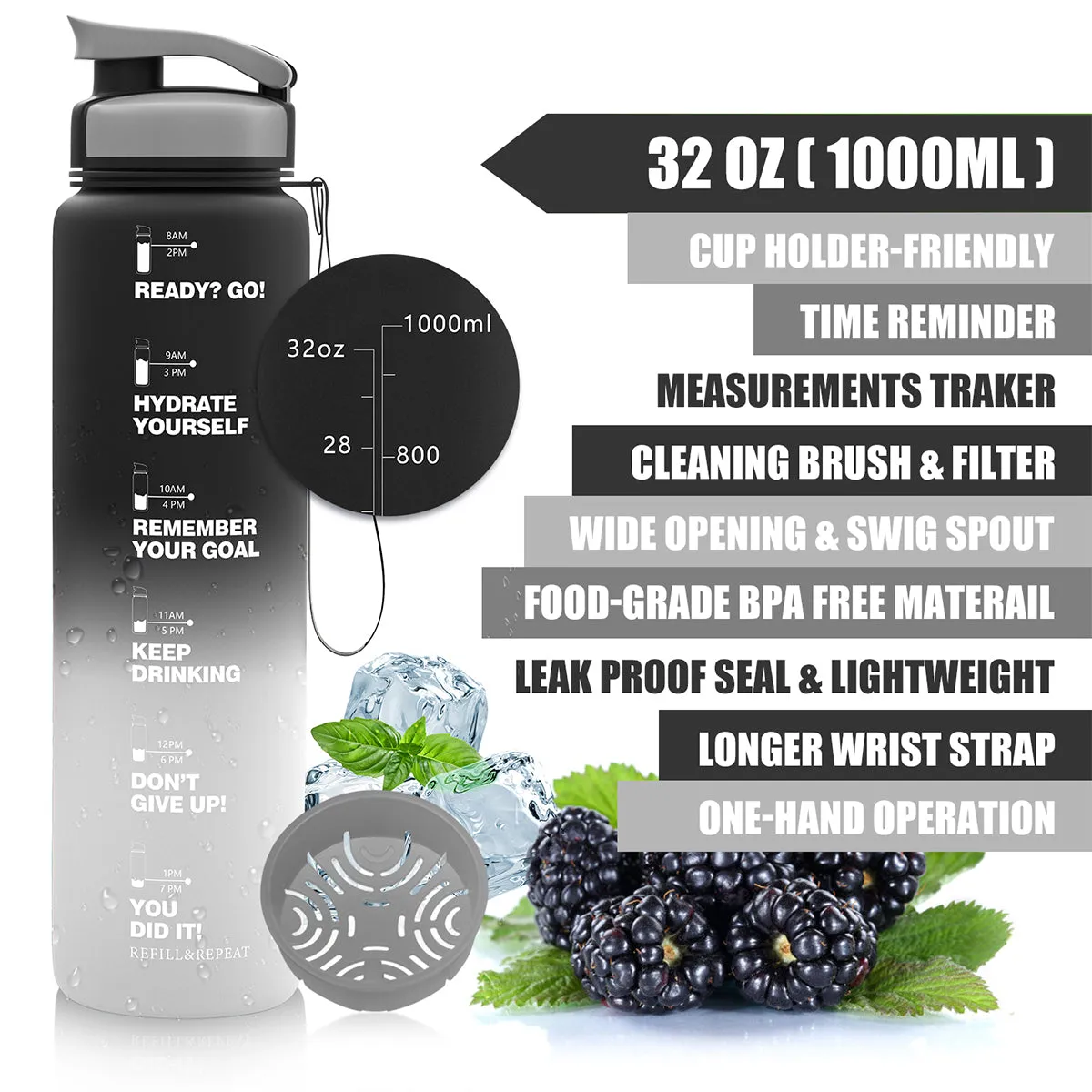 ZORRI 32 OZ Water Bottles With Time Marker & Meaurment Marked,  BPA Free Leak Proof and Lightweight Water Bottle for Gym, Fitness, Workout, Kids School, Office, Cycling, Yoga, Camping